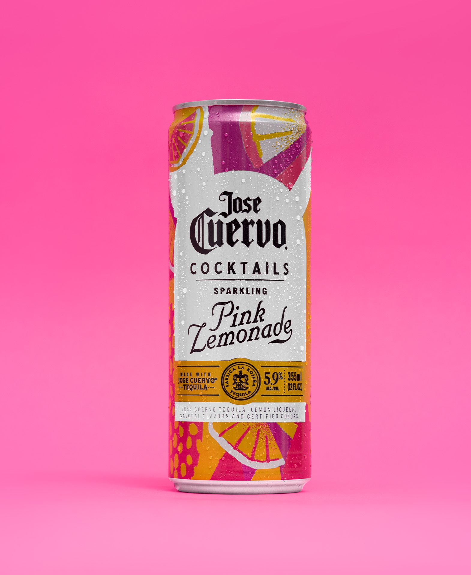 Jose Cuervo Sparkling Pink Lemonade canned cocktail standing upright on a pink background